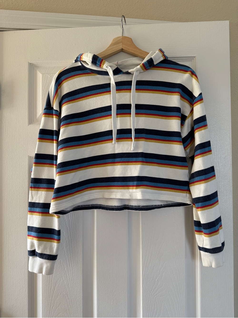 Forever 21 White Striped Cropped Hoodie with Navy, Red, Mustard and Teal Stripes
